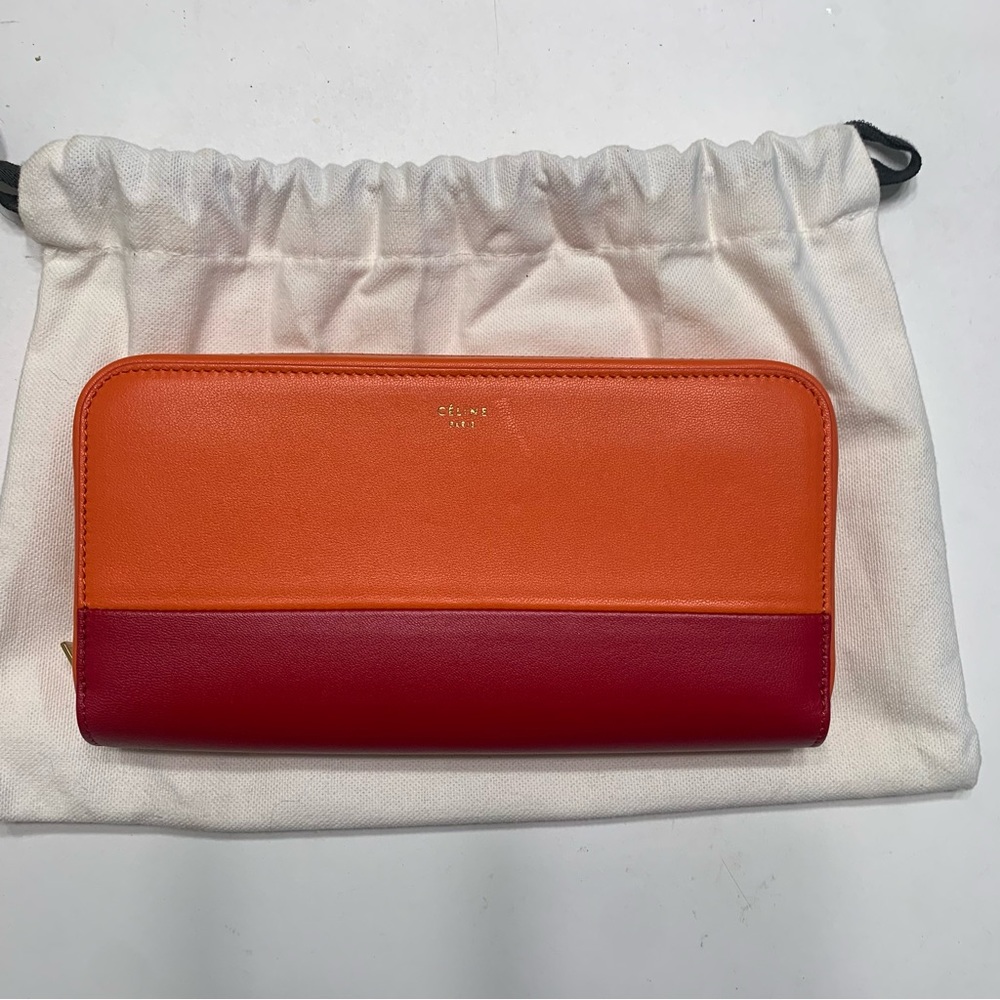 Celine Long Wallet with zipper Orange & Red leather